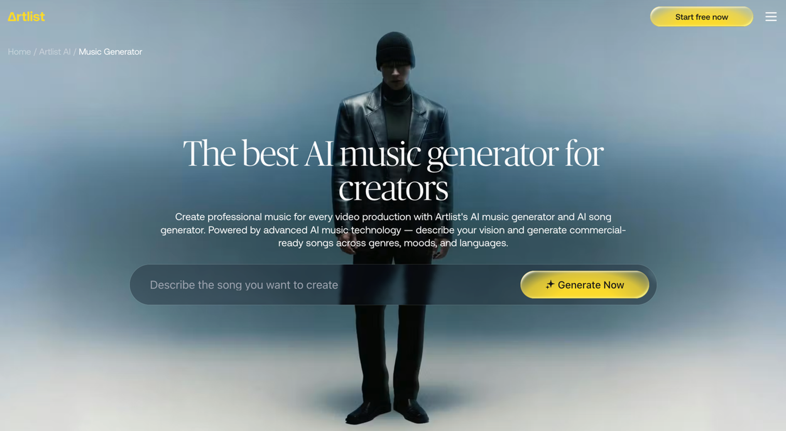 Suno v5.5の代替ツールとして活用できる「Artlist AI Music Generator」のトップ画面です。商用利用可能な高品質の楽曲をプロンプトから生成でき、Suno v5.5と比較して動画制作のプロフェッショナルなニーズに応える設計になって