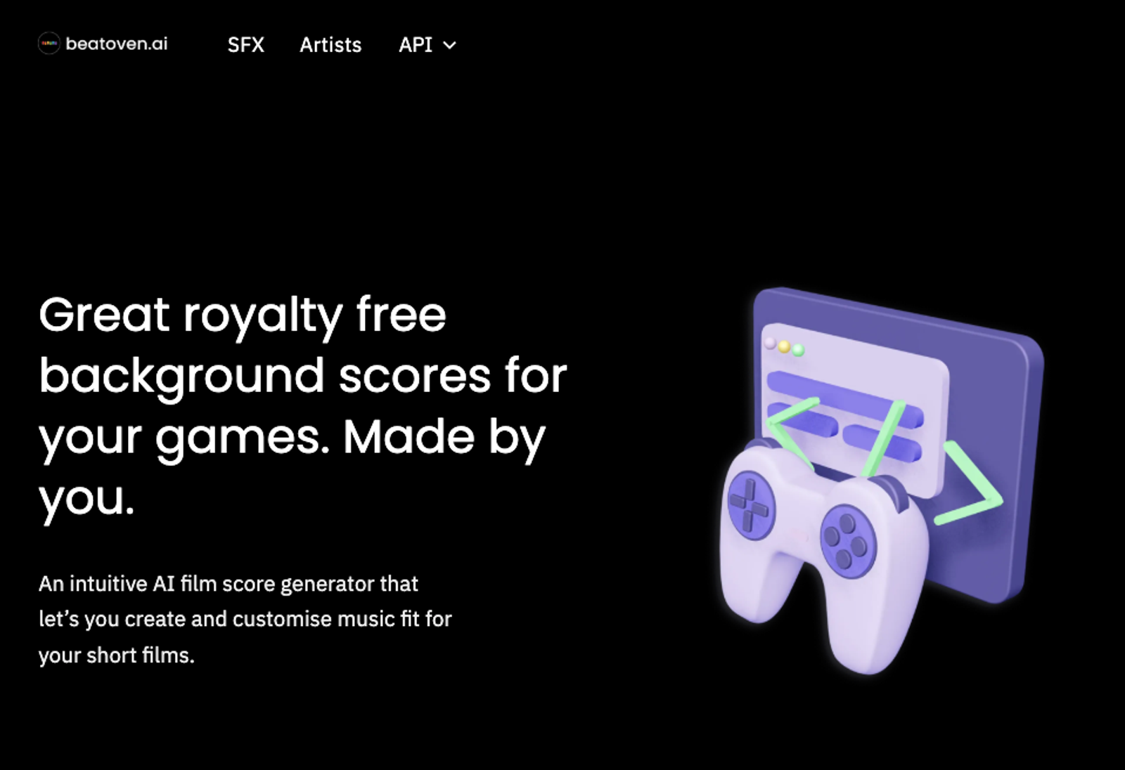 Beatoven.ai landing page offering background scores, one of the best AI music generators for games for indies.