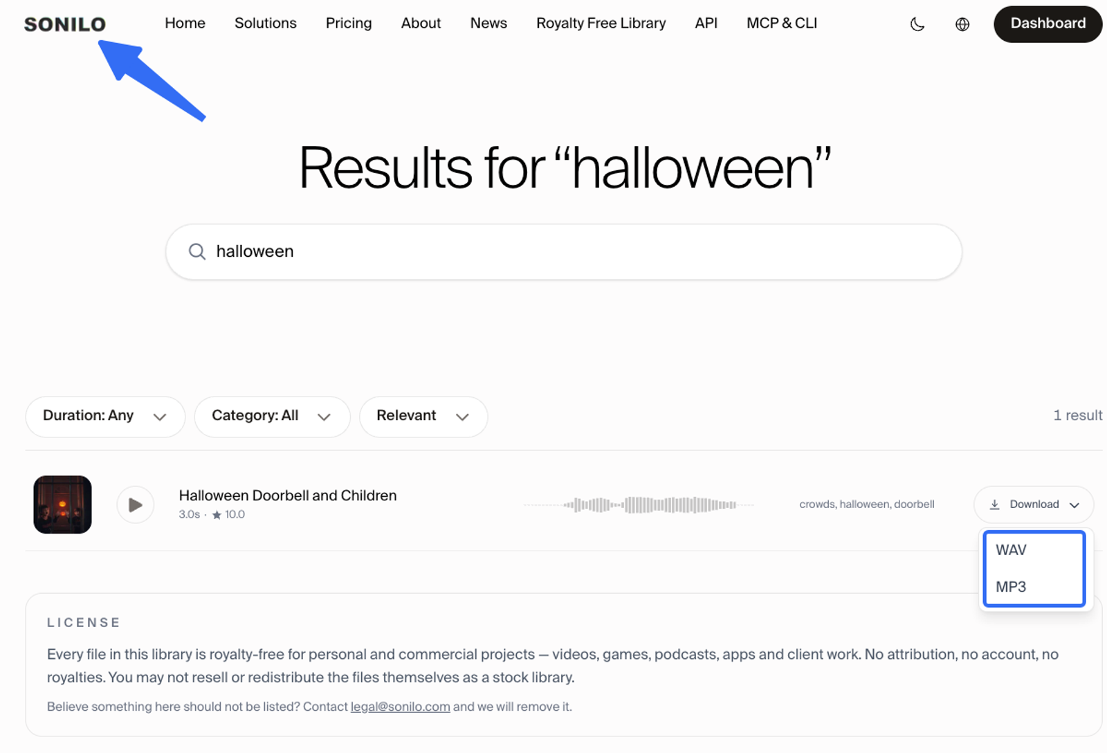 Sonilo platform showing free halloween sound effects search results with WAV and MP3 download menu.