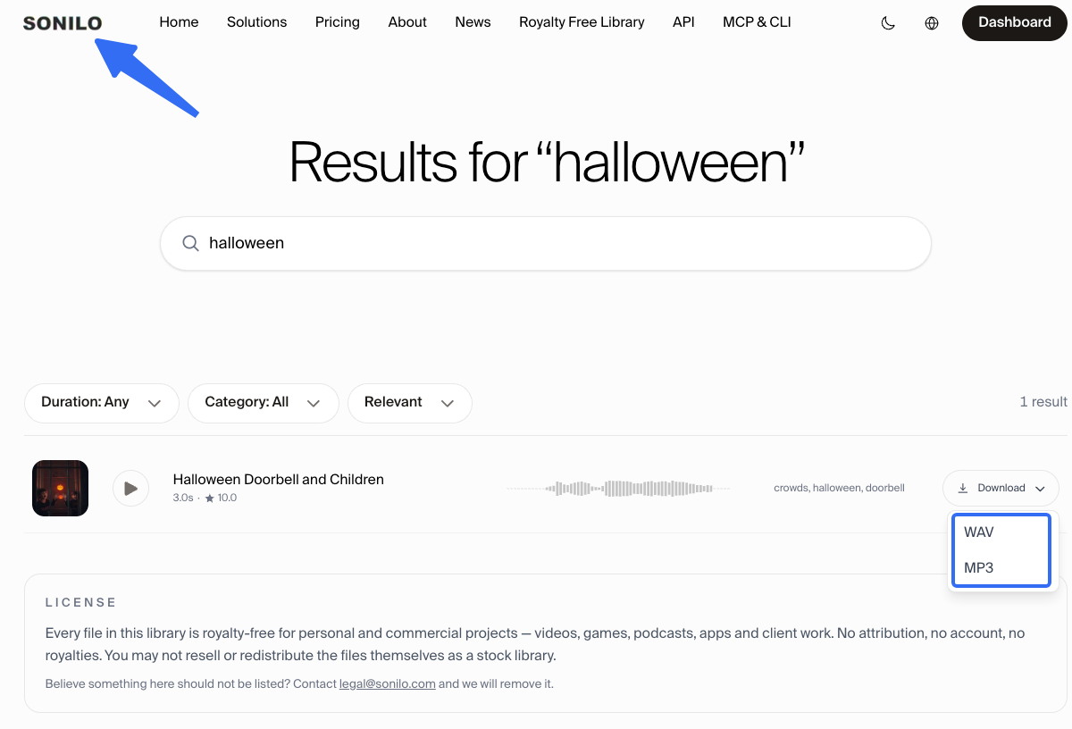 Sonilo platform showing free halloween sound effects search results with WAV and MP3 download menu.