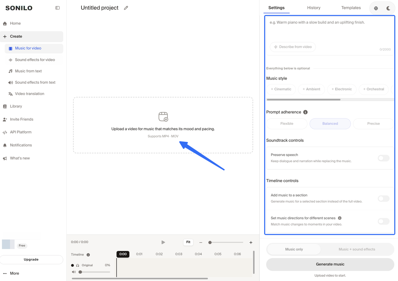 Sonilo app interface showing video upload and settings to help AI make a similar song.