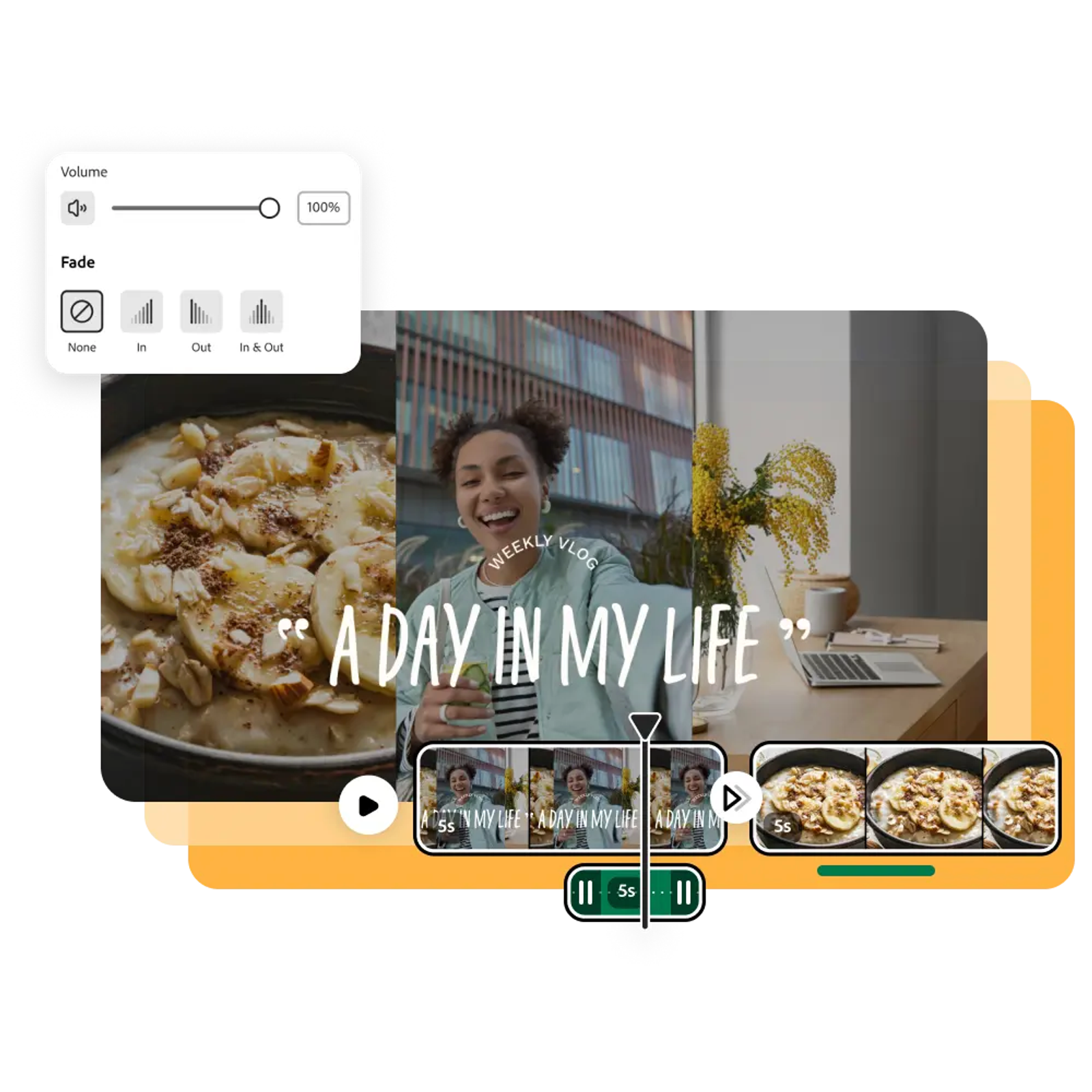 Editing a daily vlog using a mobile sound effects app, featuring volume and fade control panels.