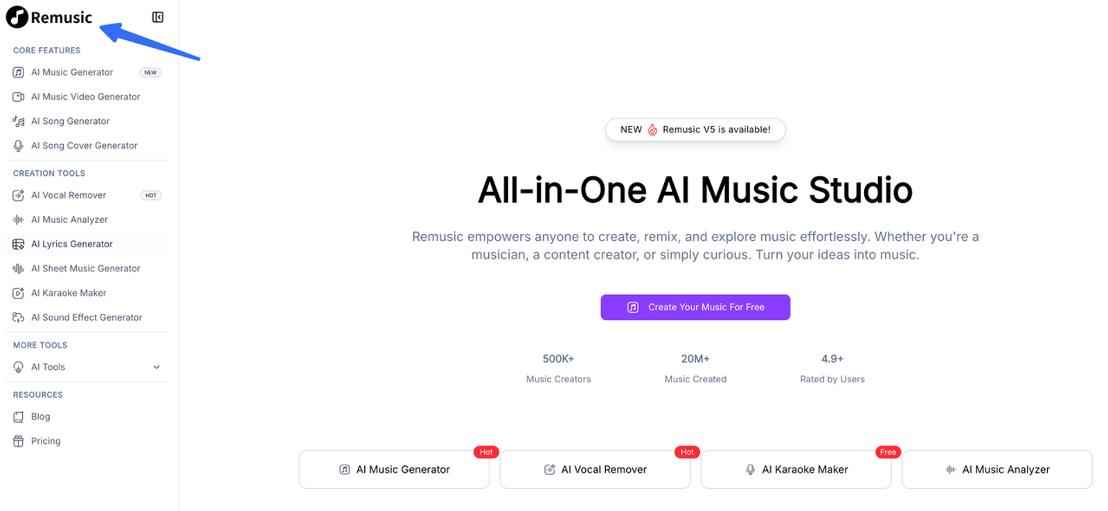 The main homepage of Remusic AI music generator studio, highlighting core features like vocal remover and music creation.