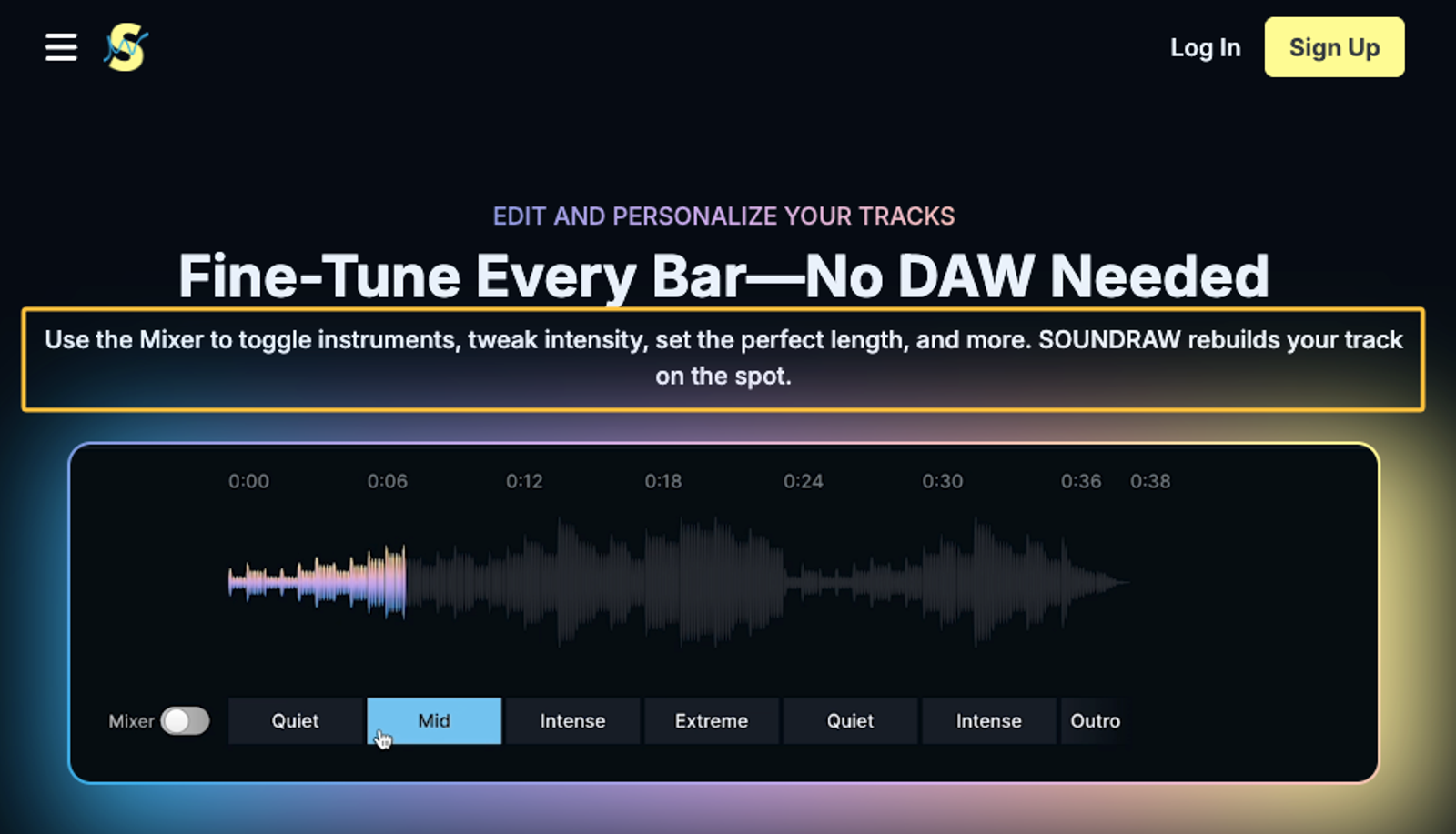 Soundraw track mixer shown as one of best ai music generation tools 2026 for edits.
