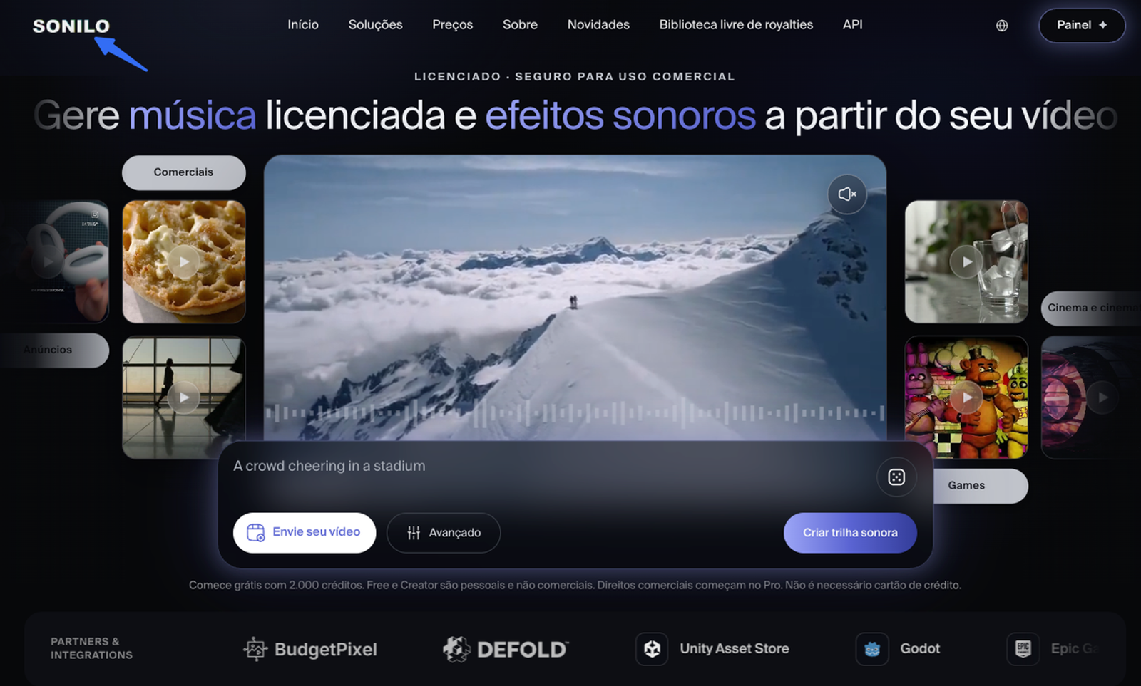 Interface do Sonilo, um dos geradores de música com IA para Instagram Reels por vídeo.