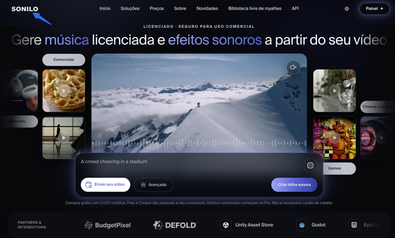 Interface do Sonilo, um dos geradores de música com IA para Instagram Reels por vídeo.