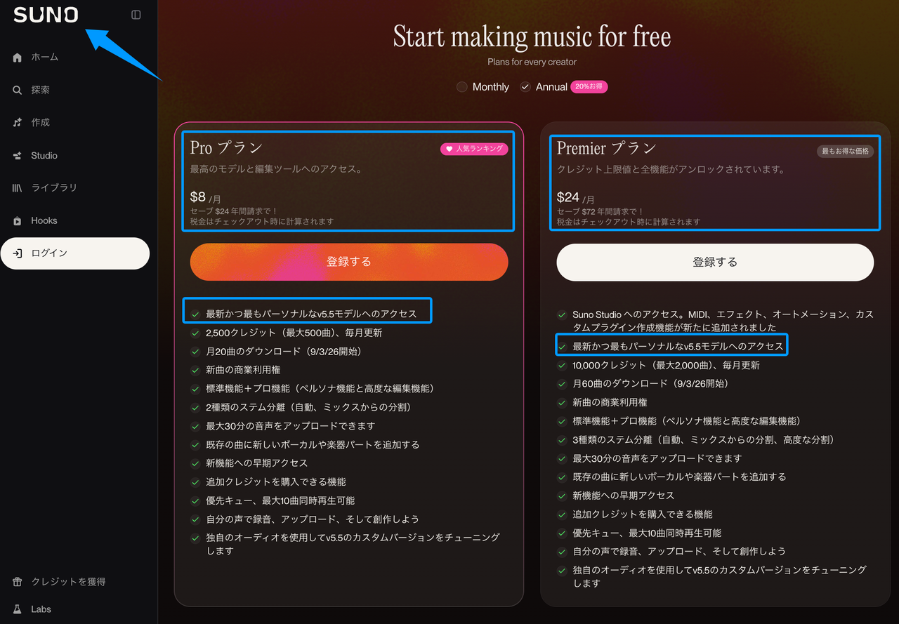 音楽生成AI「Suno」のサブスクリプション料金プラン画面。ProプランおよびPremierプランの特典として、「最新かつ最もパーソナルなSuno v5.5モデルへのアクセス」が含まれていることを青い枠線で強調して説明しています。