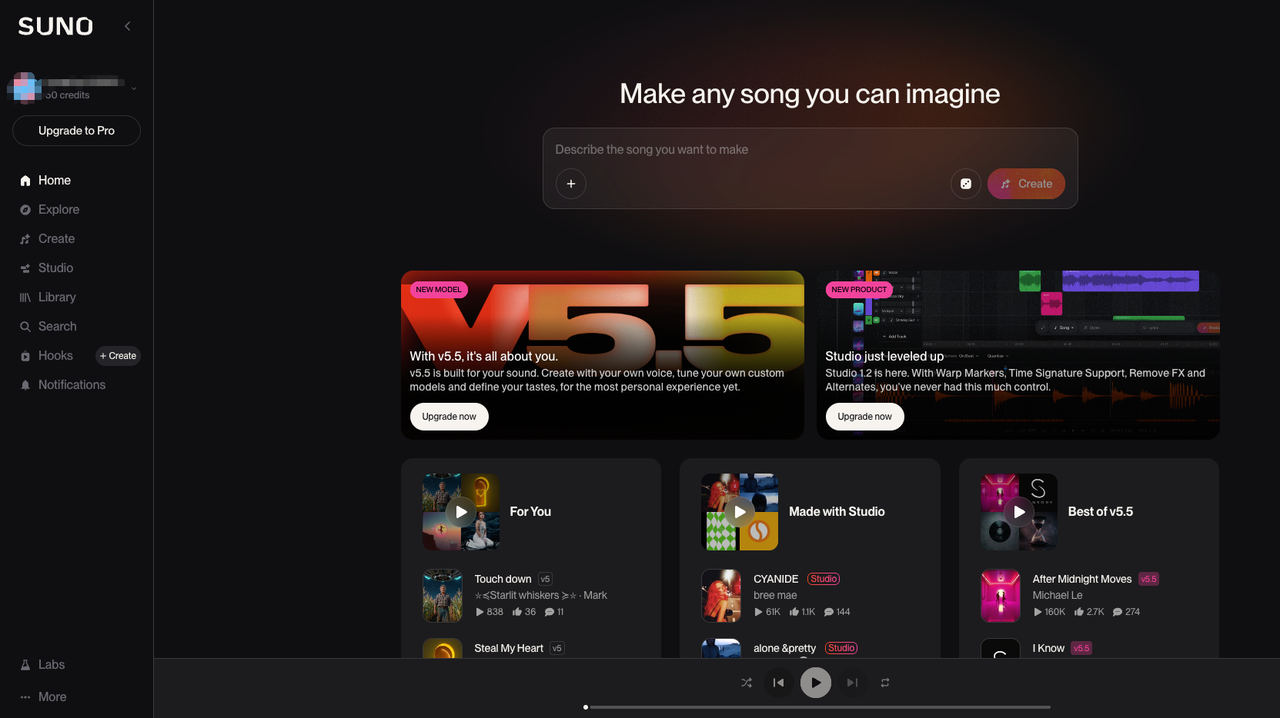 The Suno V5.5 dashboard offers advanced tools to create ai music for video creators 2026 easily.