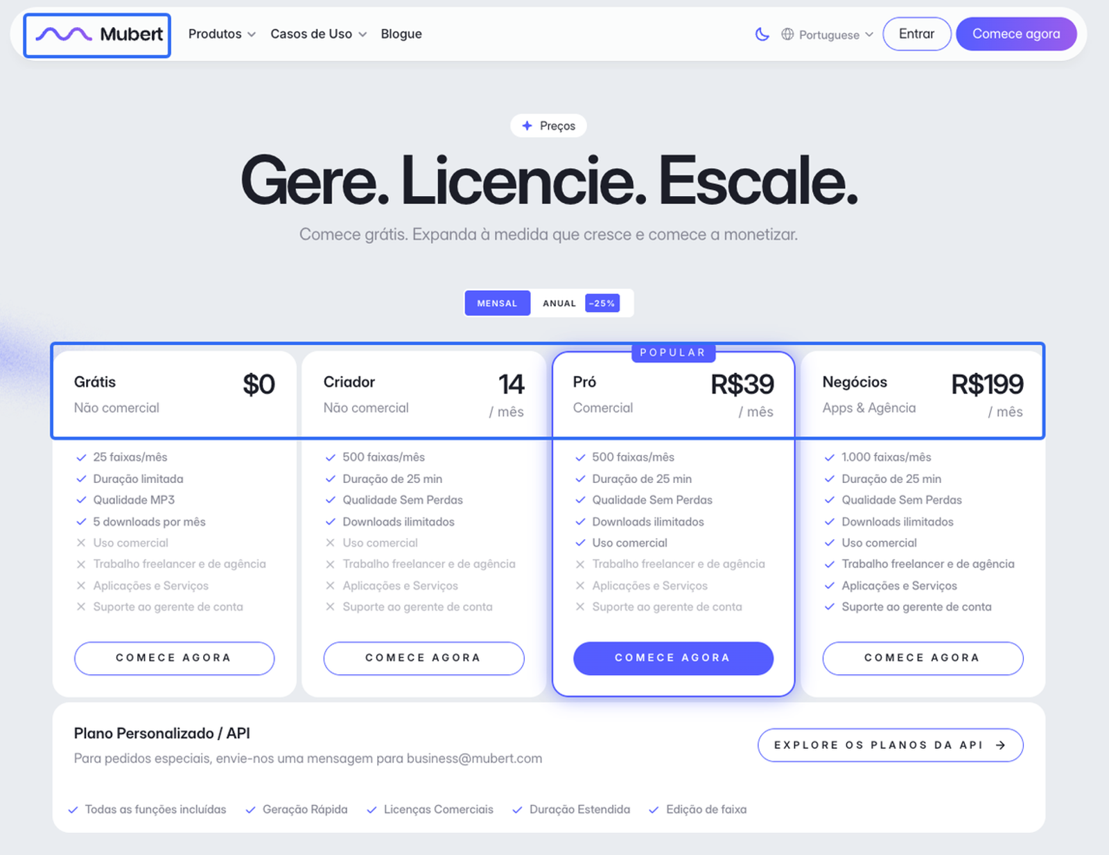 Planos do Mubert, destaque entre geradores de música com IA para Instagram Reels hoje.