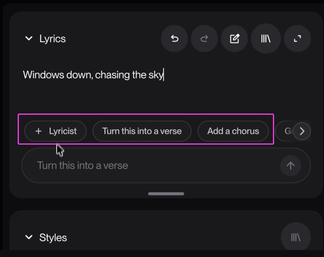 UI screenshot highlighting the text input for lyrics and structural Suno tags options like 'Lyricist'.