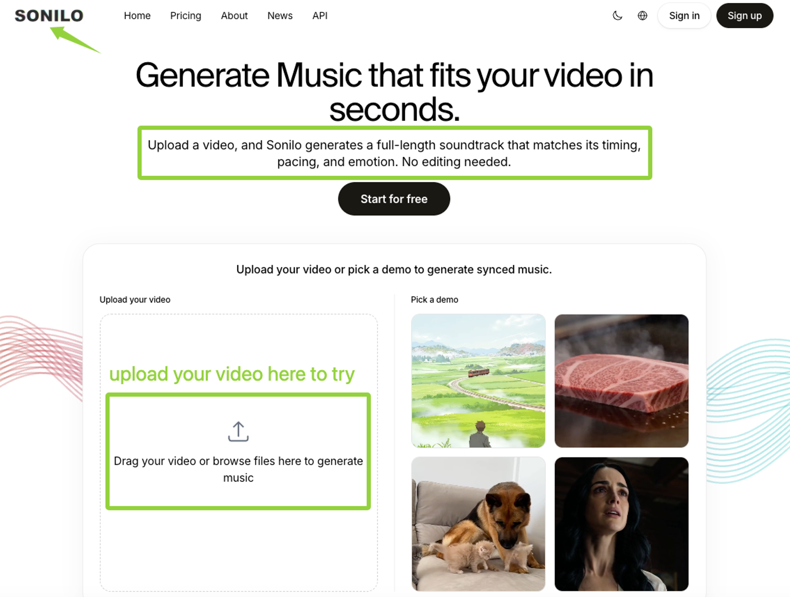 Sonilo is partnering with Scenario. Sonilo homepage highlighting instant video-to-music generation feature with upload area and demo examples.