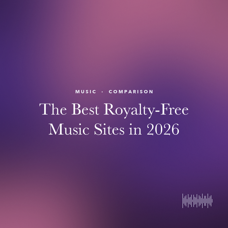 Title card reading "The Best Royalty-Free Music Sites in 2026" on a purple gradient.