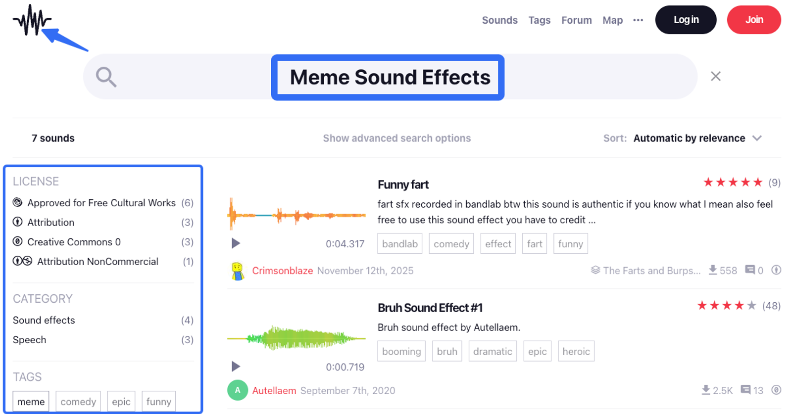 Sound platform search bar for free meme sound effects with license and tag filters.