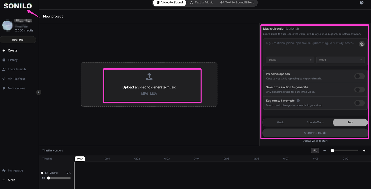 The Sonilo software interface showing the project upload screen to add audio to video ai and match scene moods.