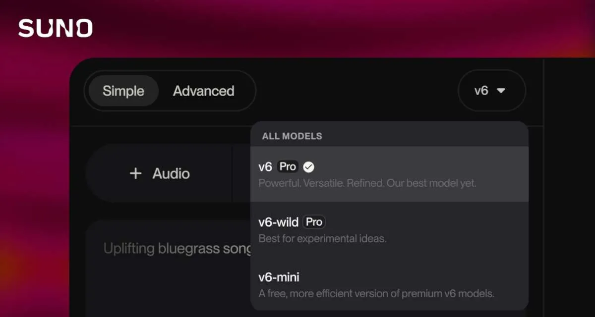 Suno v6 vs v5.5 comparison showing the Suno AI v6 model menu with Pro, Wild, and Mini tiers.