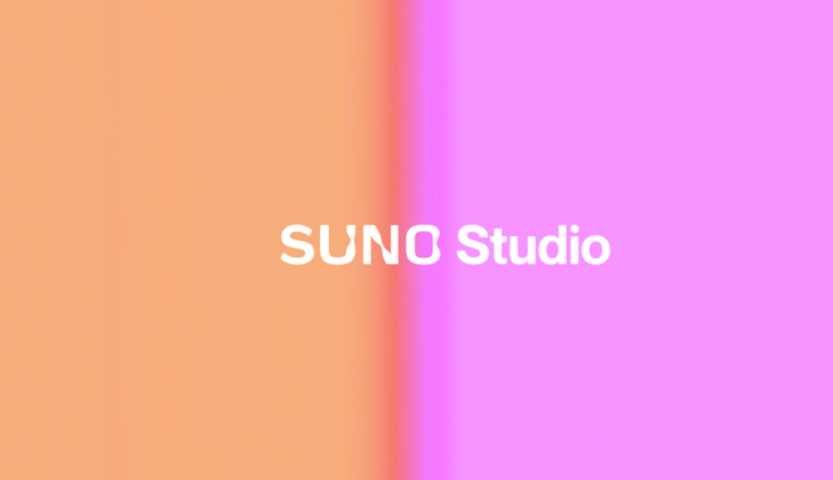 Vibrant pink and orange gradient background displaying the Suno Studio logo, the creative hub for new suno v5.5 voices.