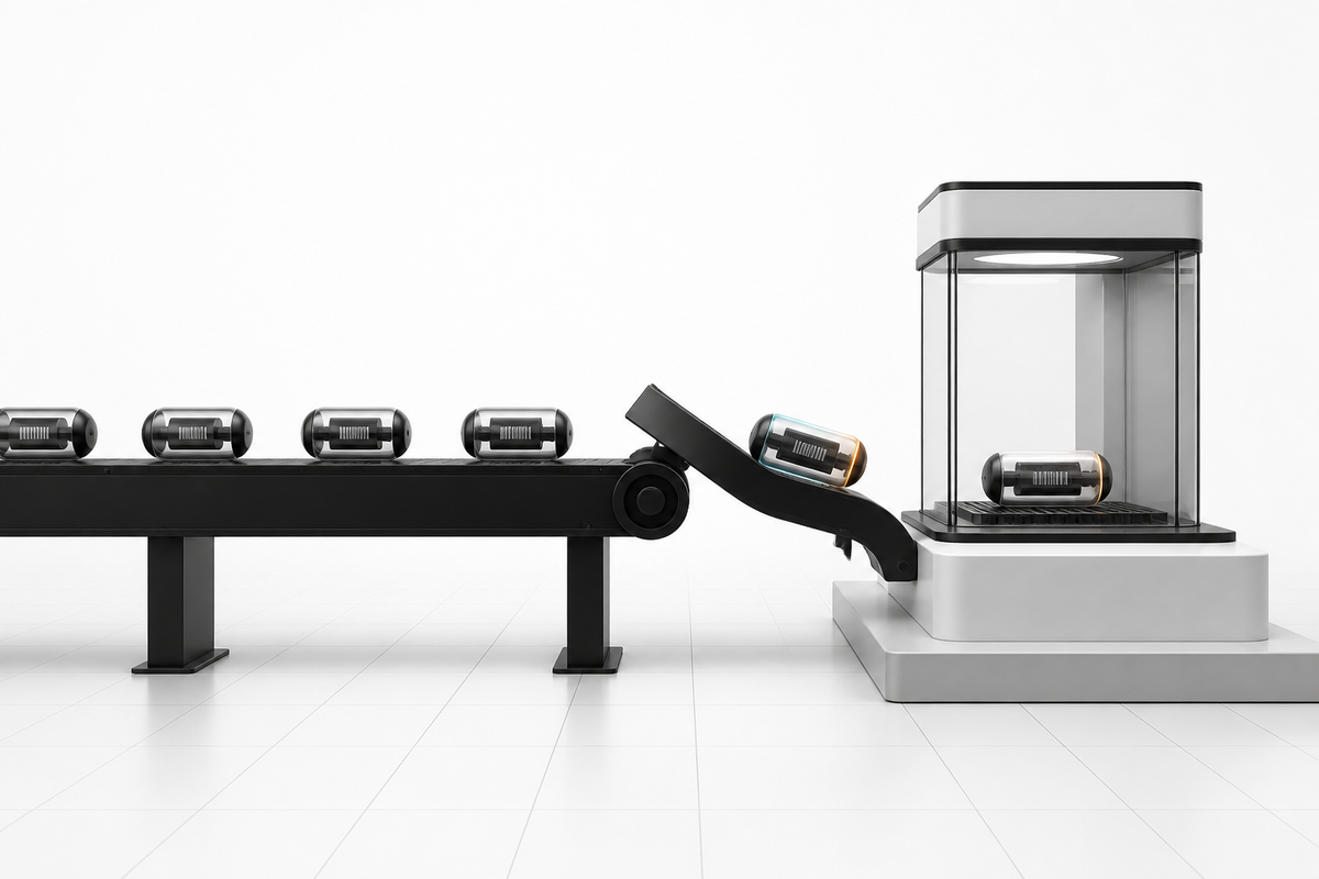 A black conveyor diverts one failed data capsule into a glass inspection chamber while other capsules continue through the queue