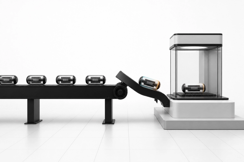 A black conveyor diverts one failed data capsule into a glass inspection chamber while other capsules continue through the queue