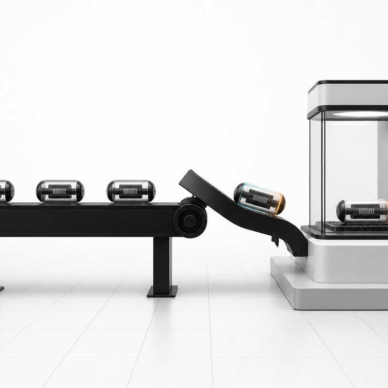 A black conveyor diverts one failed data capsule into a glass inspection chamber while other capsules continue through the queue