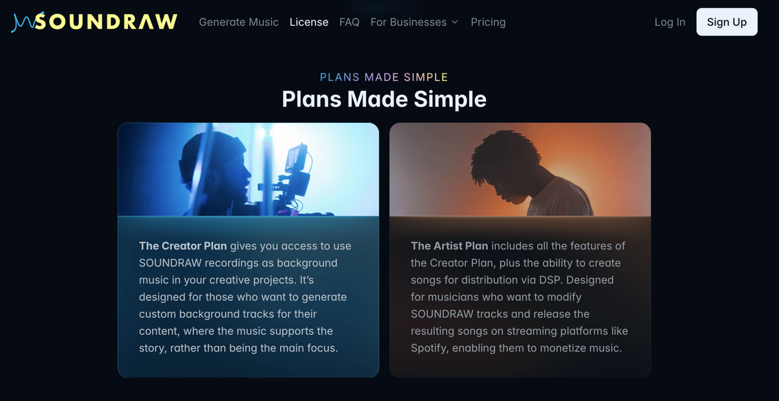 Soundraw creator and artist plans page, showcasing AI-powered artlist alternatives.