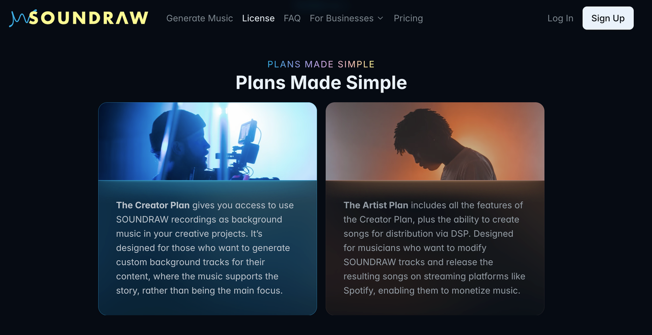 Soundraw creator and artist plans page, showcasing AI-powered artlist alternatives.