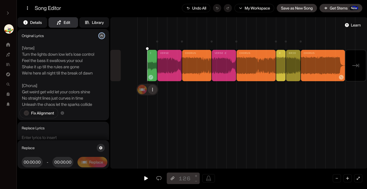実用的なSunoとUdioの比較ポイントとなる、Sunoの「Song Editor」画面のキャプチャです。生成された楽曲の構成をタイムライン上で視覚的に確認し、特定の秒数や歌詞を指定して詳細な再編集やボーカル調整を行うことができます。