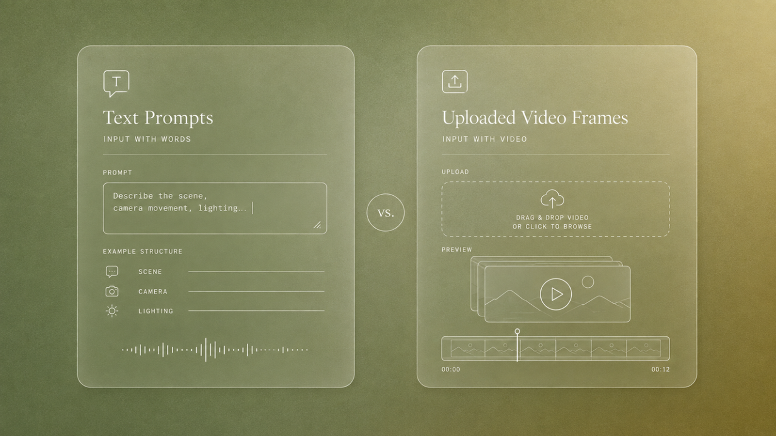 Side-by-side diagram comparing text-prompt input (scene, camera movement, lighting descriptions) with uploaded video frame input (drag-and-drop file panel with timeline preview).