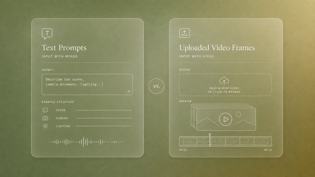 Side-by-side diagram comparing text-prompt input (scene, camera movement, lighting descriptions) with uploaded video frame input (drag-and-drop file panel with timeline preview).
