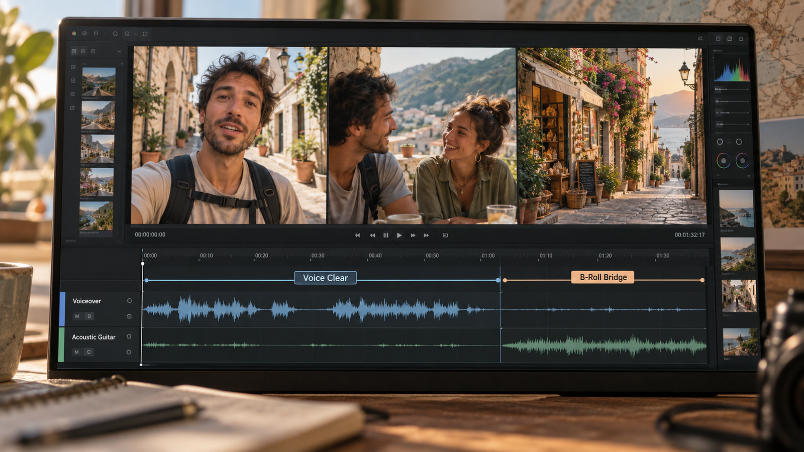 Software interface displaying an acoustic guitar audio track layered with voiceovers and music for travel videos. 