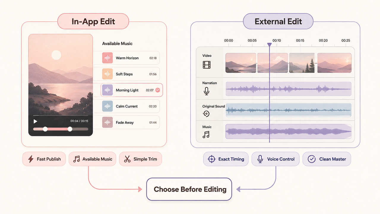 Compare in-app and external editing when learning how to make a video in instagram with music.
