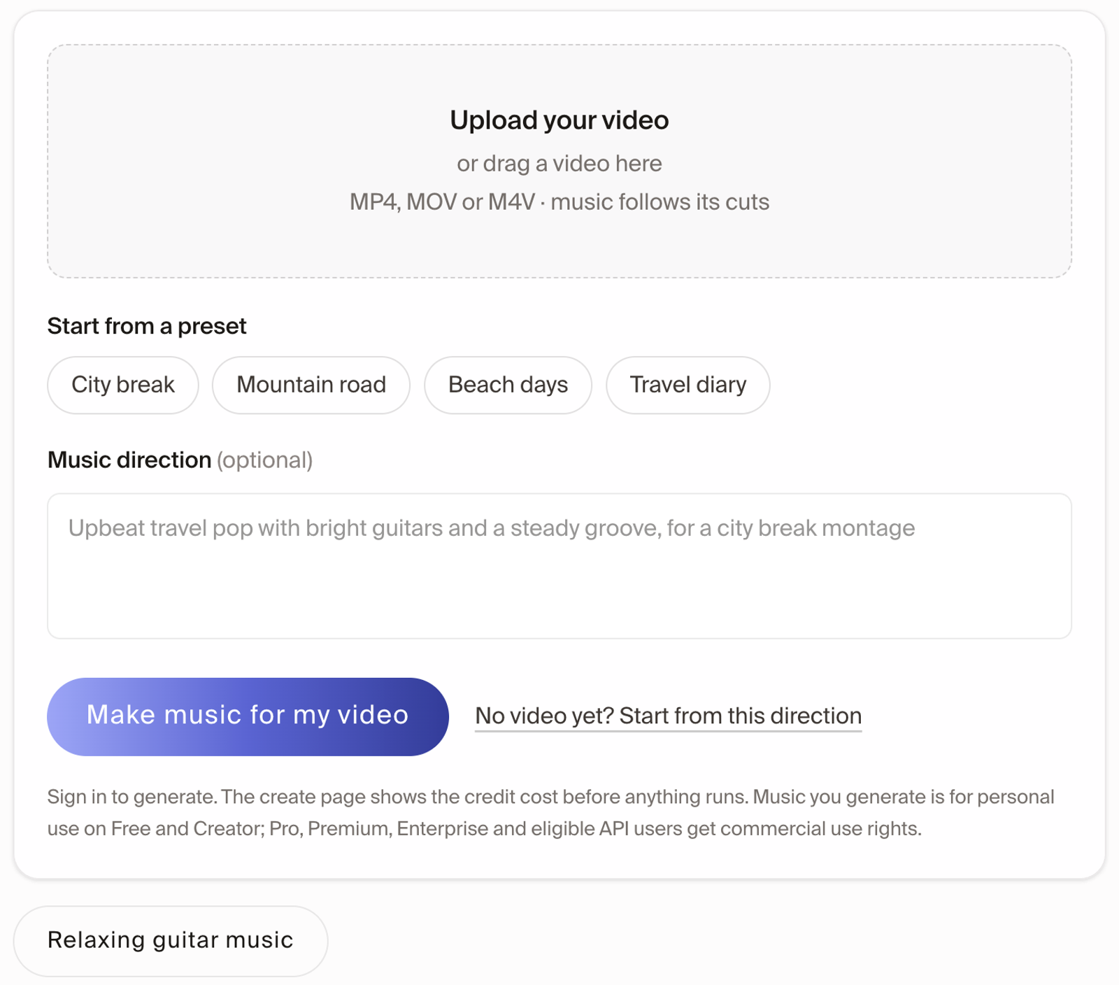 An AI generator interface allowing users to upload clips and create custom music for travel videos easily