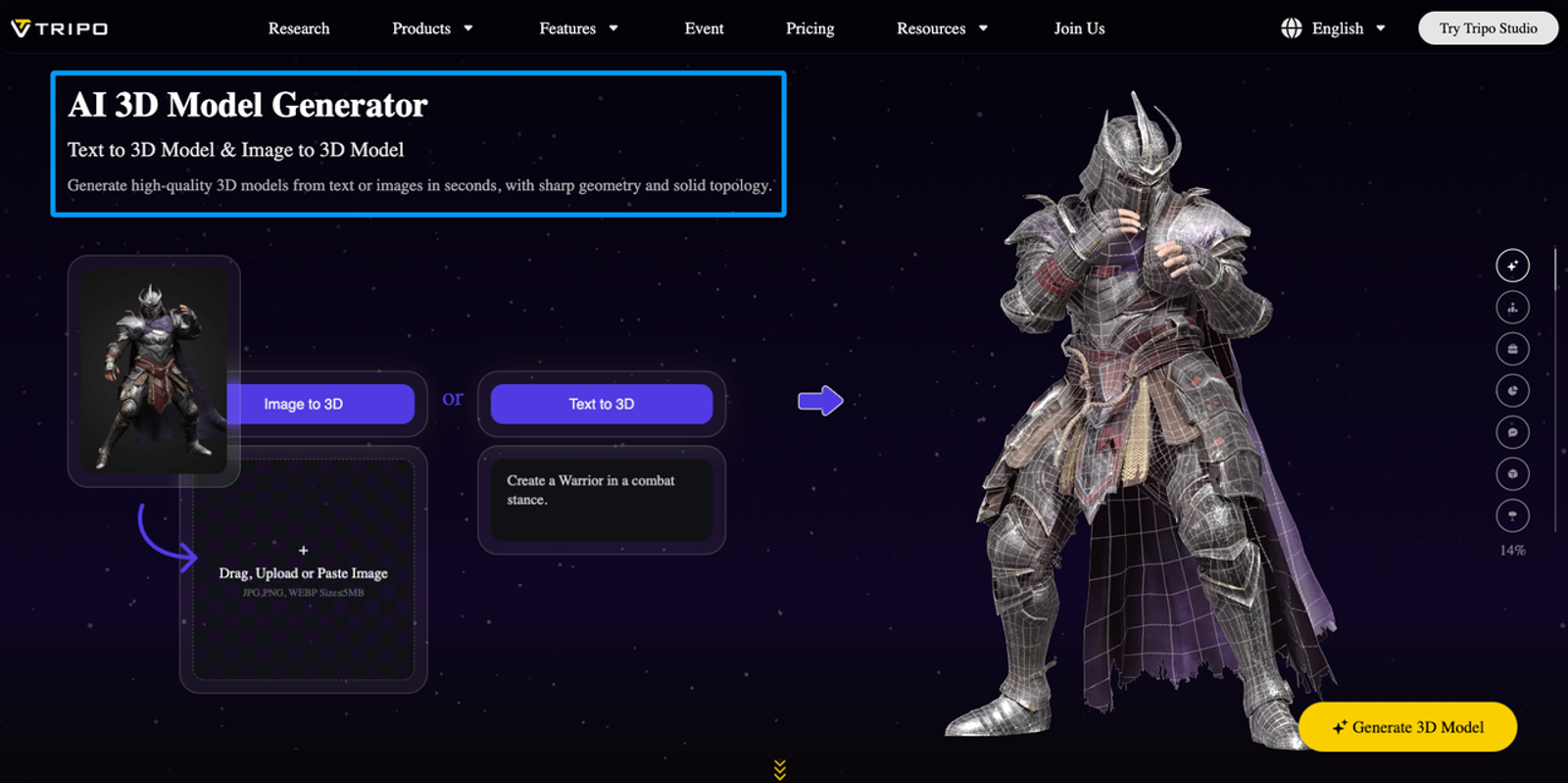 Tripo AI provides a fast, efficient Best AI Game Asset Generator interface for creating detailed 3D models in seconds.