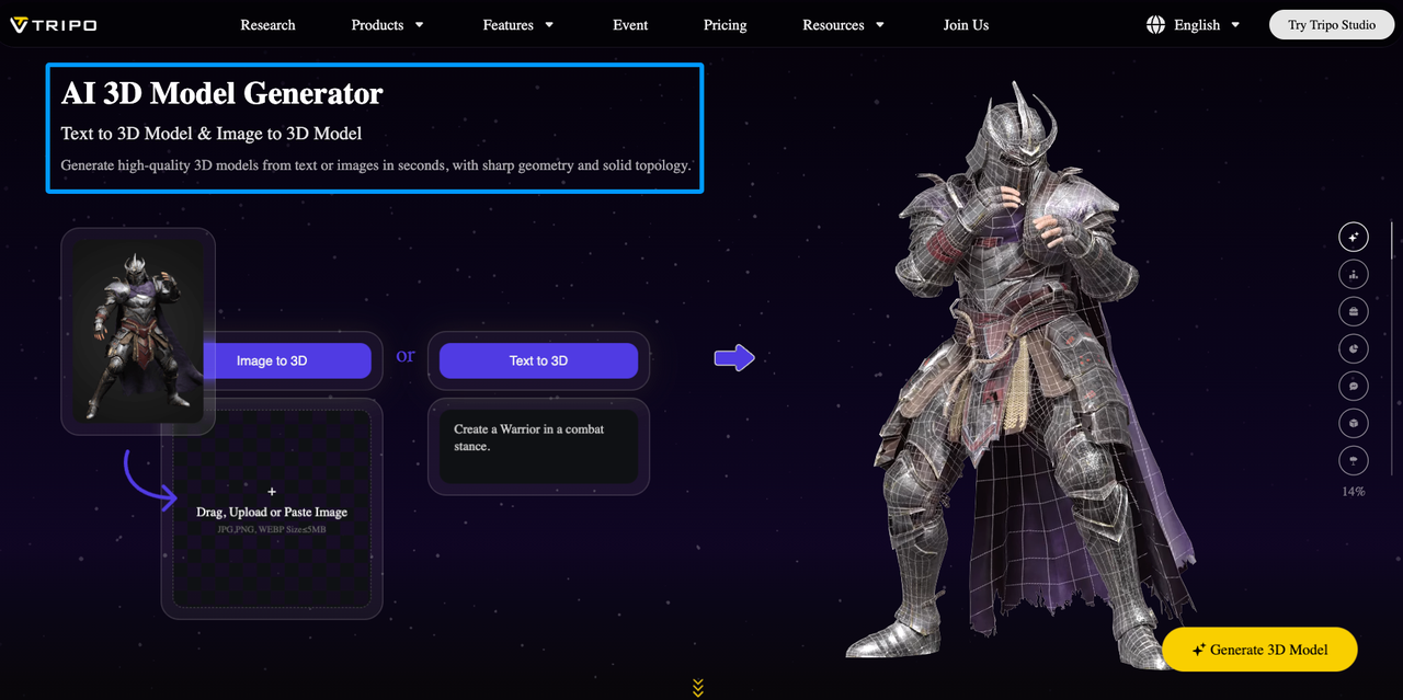 Tripo AI provides a fast, efficient Best AI Game Asset Generator interface for creating detailed 3D models in seconds.