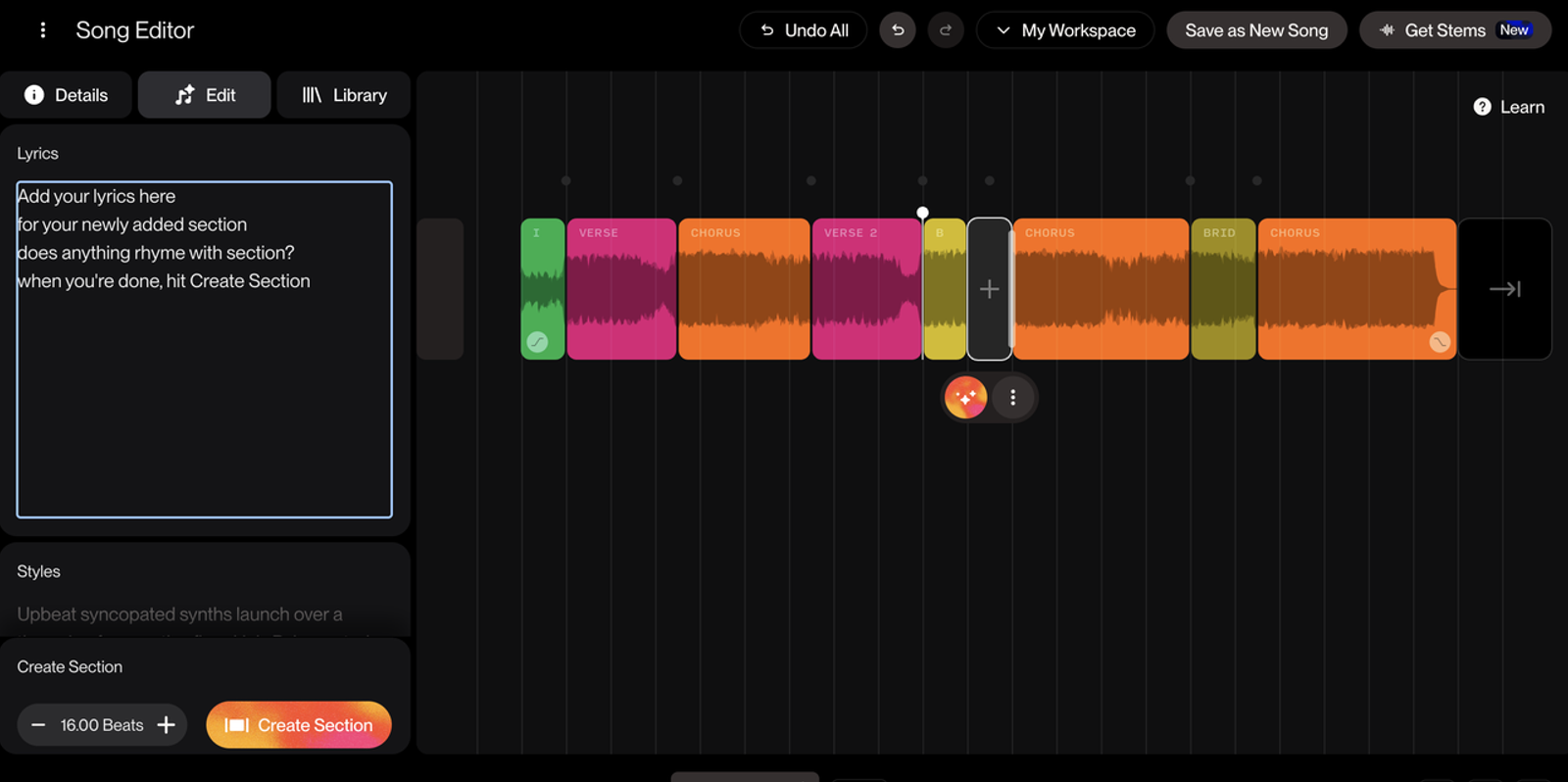 Suno Song Editor workplace showing a timeline track split, highlighting the "Create Section" panel for inserting new lyrical and style segments into an arrangement.