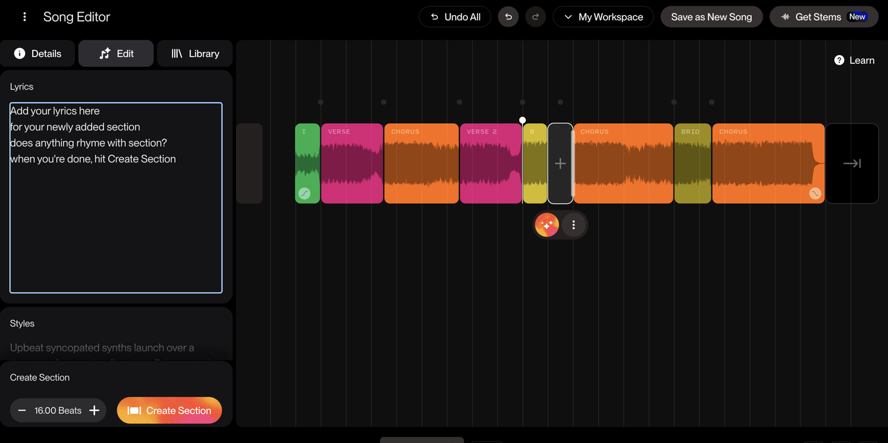Suno Song Editor workplace showing a timeline track split, highlighting the "Create Section" panel for inserting new lyrical and style segments into an arrangement.
