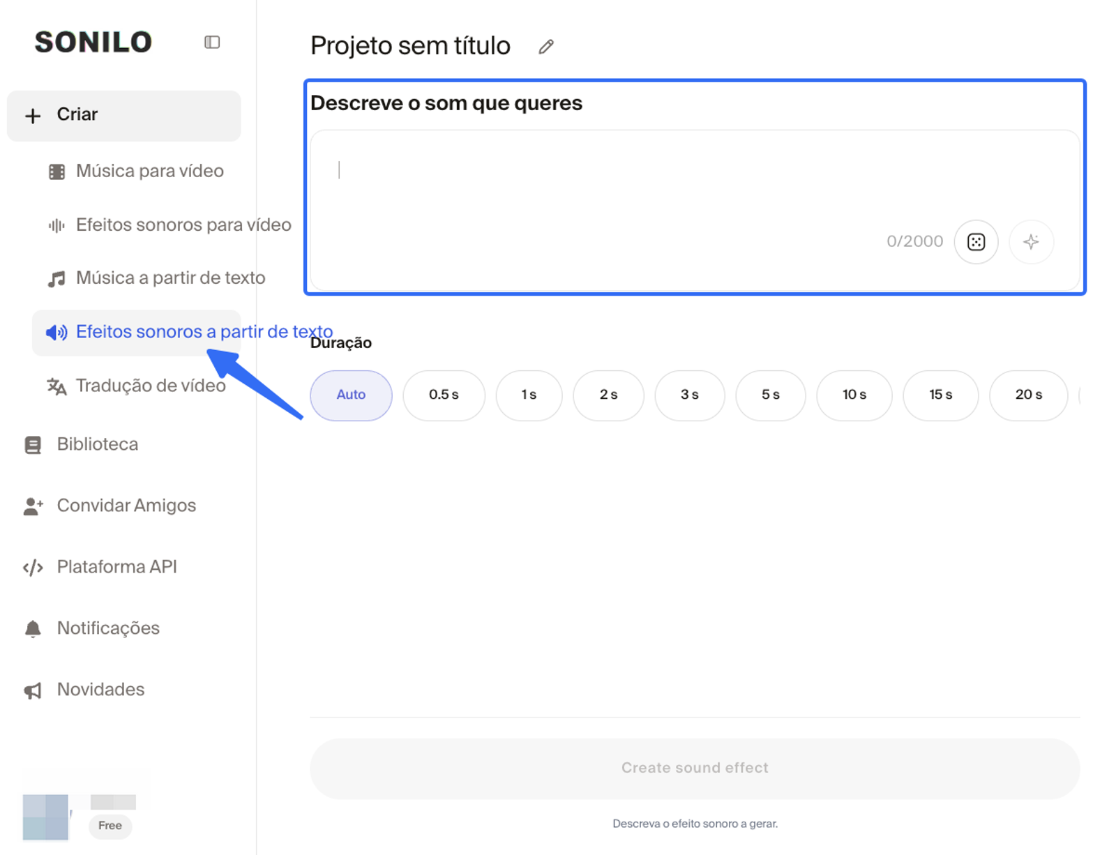 Painel do Sonilo onde você pode adicionar efeitos sonoros ao vídeo com IA escrevendo comandos.