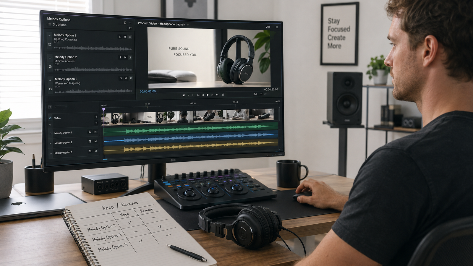 A man reviewing different video soundtrack options at his desk, utilizing a random melody generator for his project.