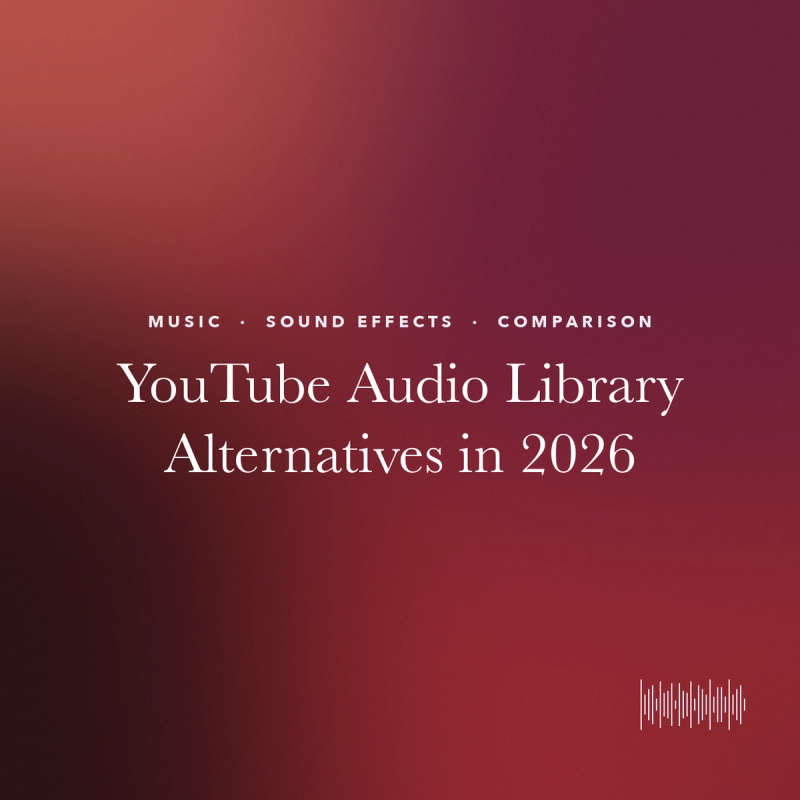 Title card reading "YouTube Audio Library Alternatives in 2026" on a red gradient.