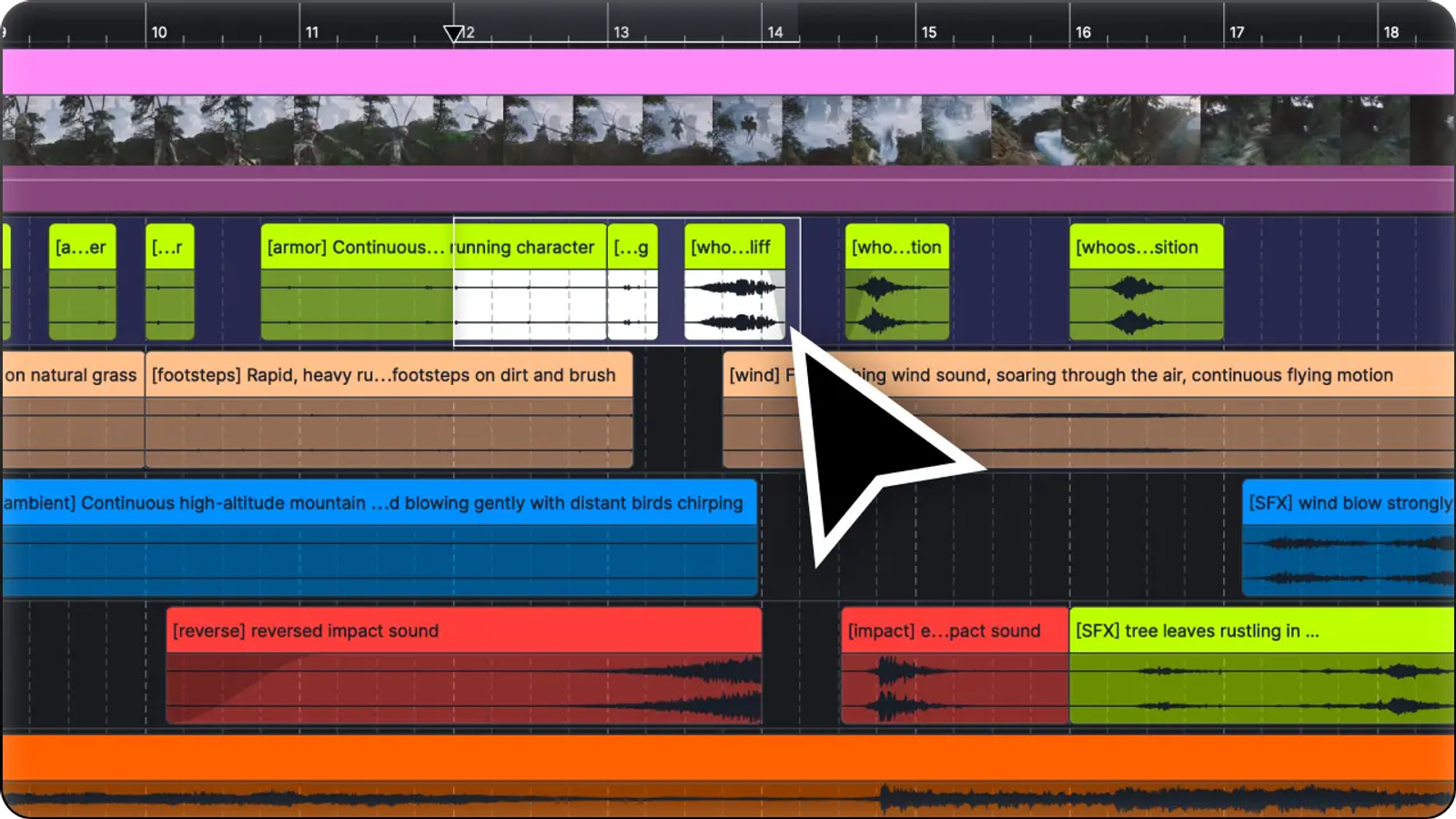 A detailed Suno vs ACE Studio breakdown showing a complex video timeline with synced ambient and impact sound tracks.