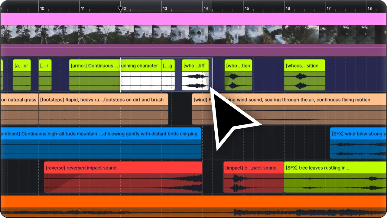 A detailed Suno vs ACE Studio breakdown showing a complex video timeline with synced ambient and impact sound tracks.