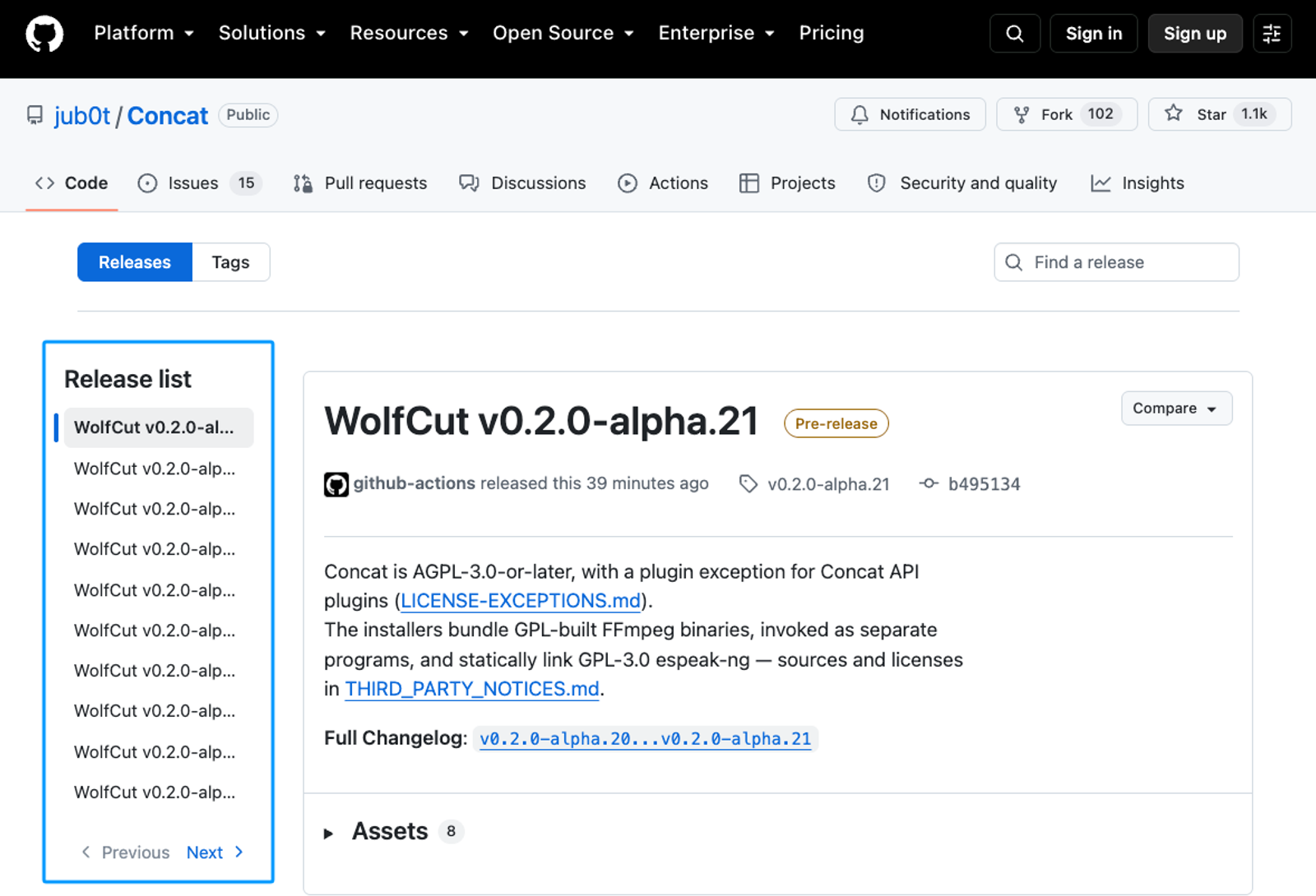 GitHub release page for WolfCut v0.2.0-alpha.21 detailing licensing information for the Concat and WolfCut music software.