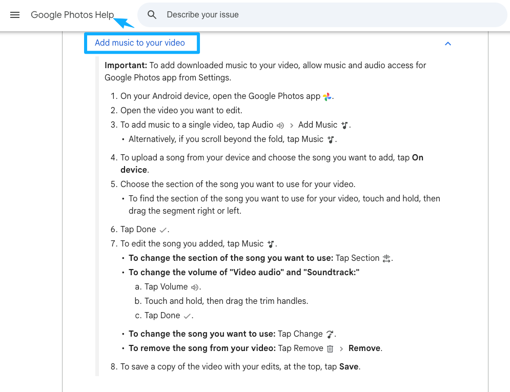 Read the official Google Photos help guide on how to add music to a video on android devices using built-in features.