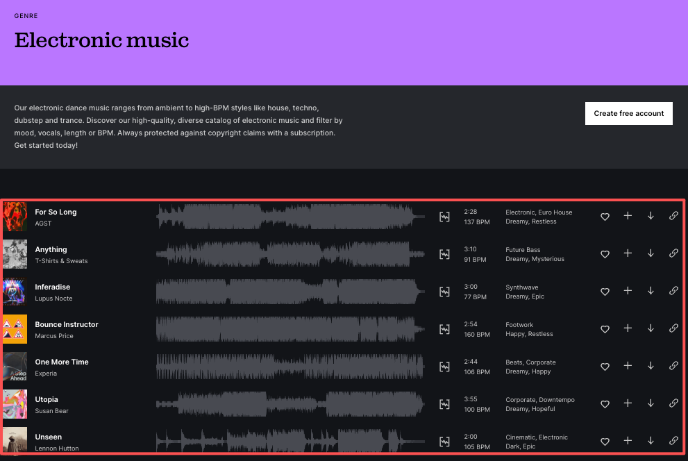 Browse electronic music track lists before discovering how Video-to-music AI can custom-generate unique beats for your clips.