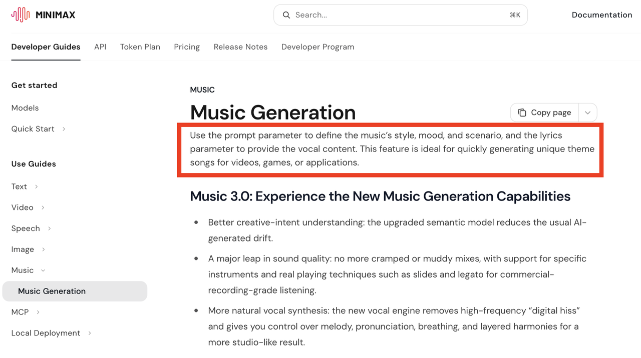 MiniMax developer documentation page explaining the prompt and lyrics parameters, highlighting Music 3.0 upgrades in semantic understanding, audio quality, and natural vocal synthesis.