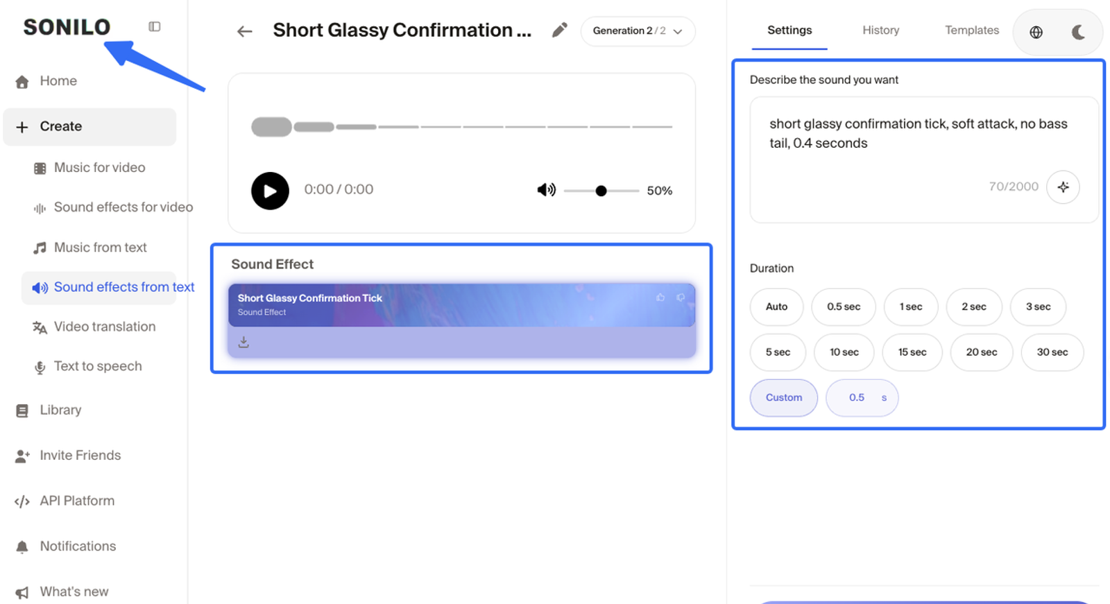 Custom text-to-audio tool interface on Sonilo for creating custom free ui sound effects online.
