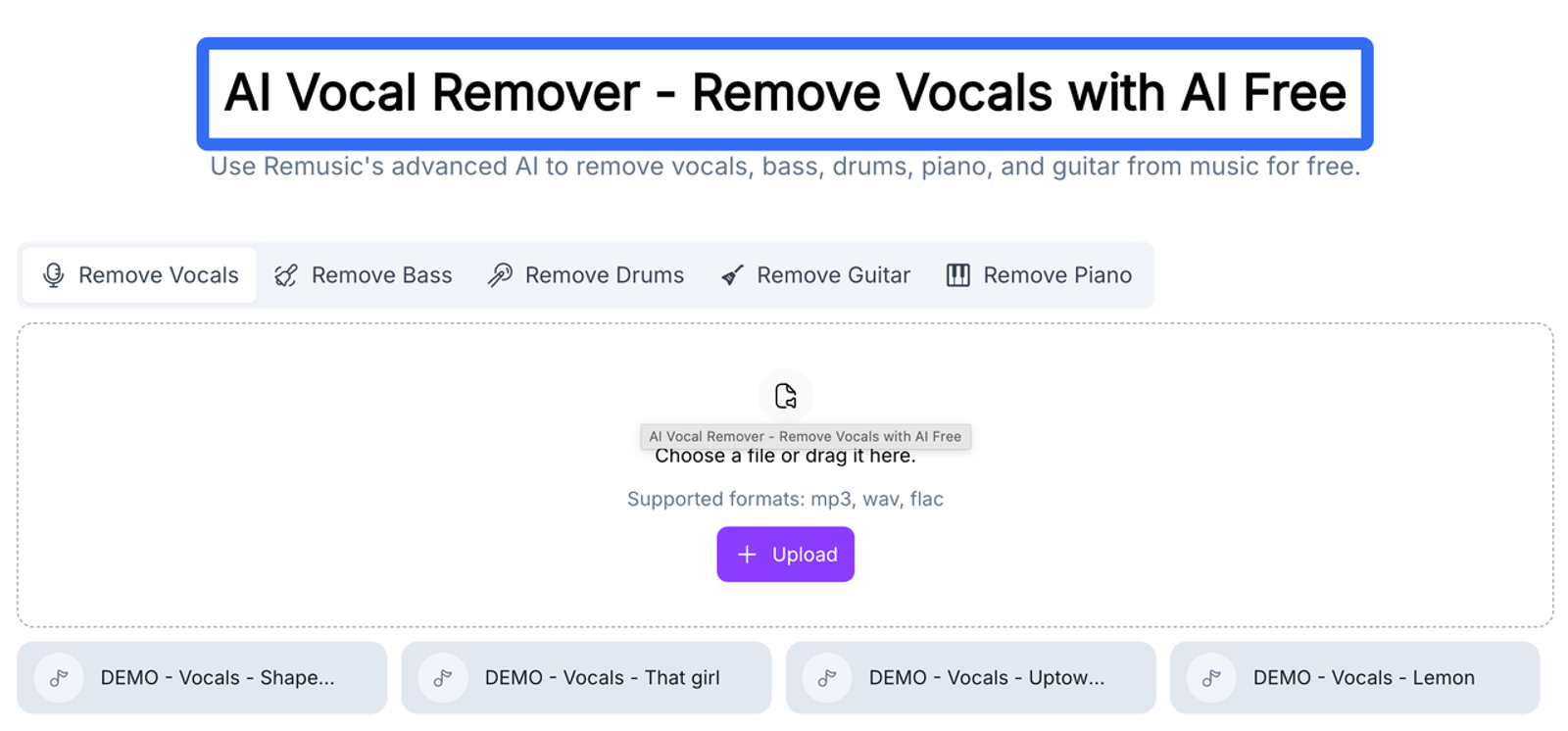 Free AI vocal remover tool provided by the Remusic AI music generator, enabling users to extract vocals and instruments.