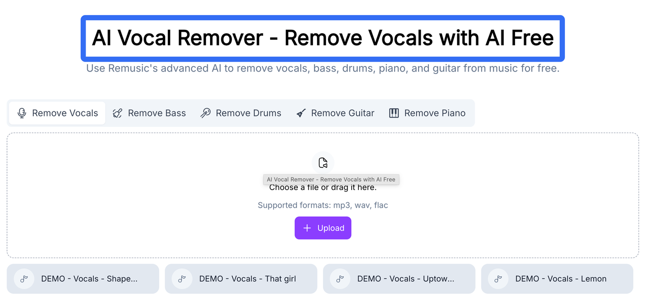 Free AI vocal remover tool provided by the Remusic AI music generator, enabling users to extract vocals and instruments.