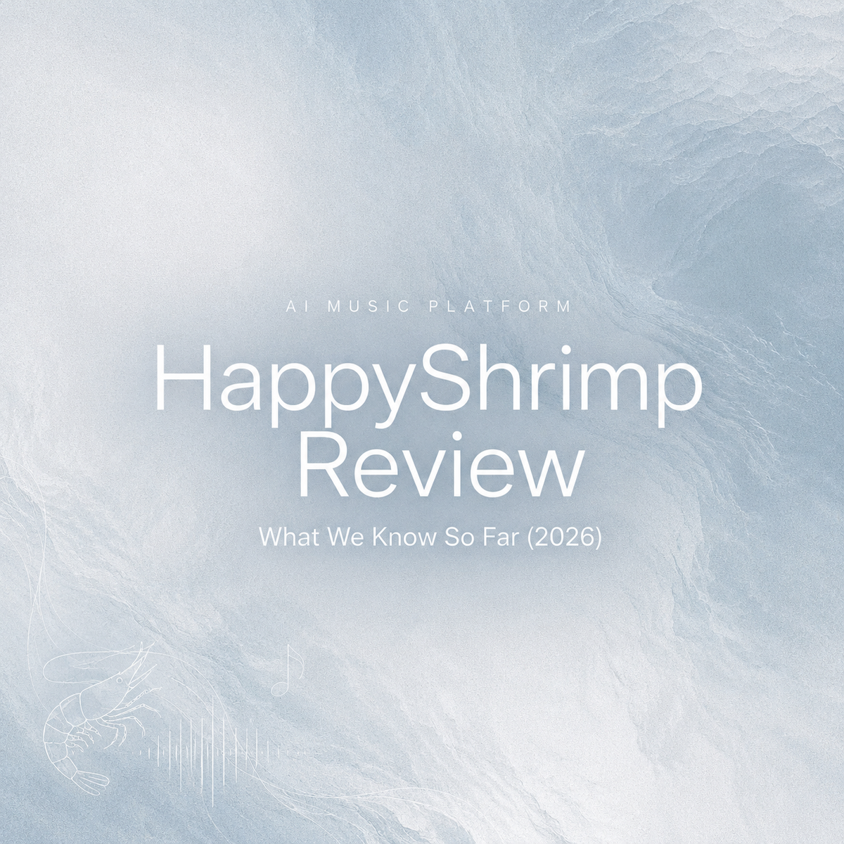 HappyShrimp Review title card on blue marble background for an AI music platform article.