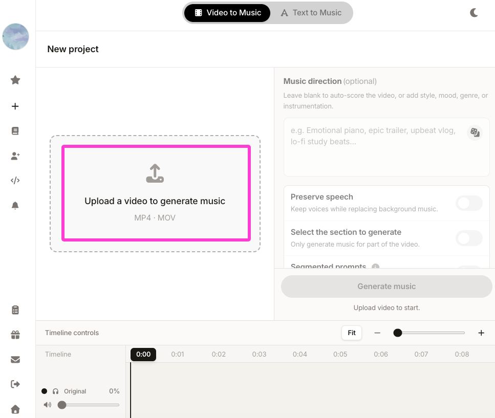 User dashboard interface for uploading clips to easily generate personalized AI music from video files.