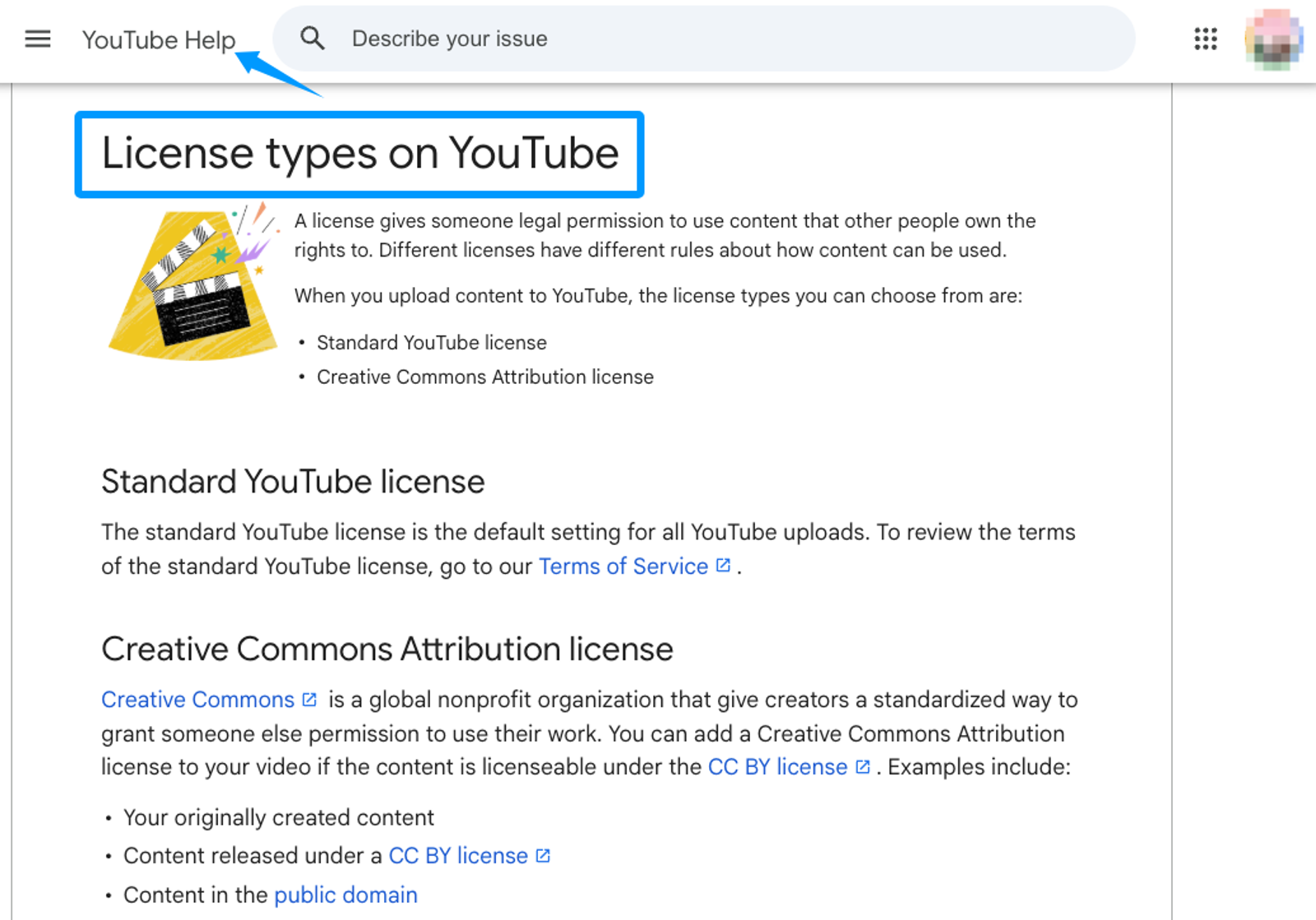 YouTube help page detailing standard and creative commons license types relevant to ViiTorVoice creators.